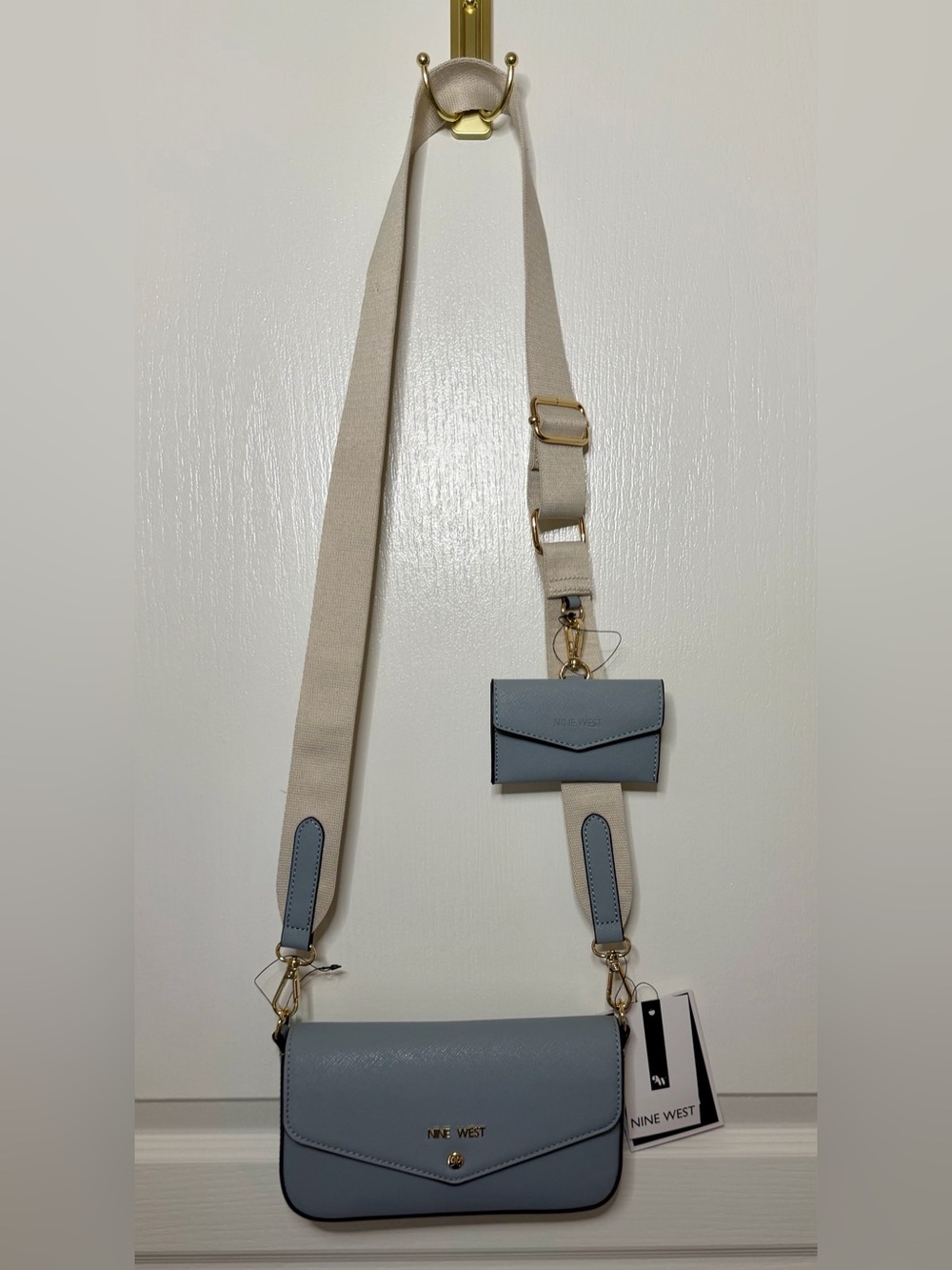 NWT Nine West Peaches Flap Crossbody Bag with Mini Card Case - Bluestone